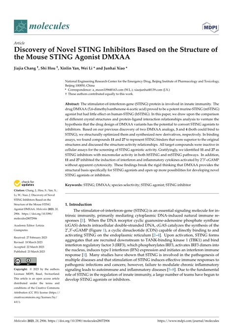 (PDF) Discovery of Novel STING Inhibitors Based on the Structure of the ...