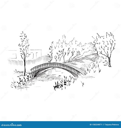 Landscape with a Bridge. Hand-drawn Sketch Style Illustration. Isolated ...