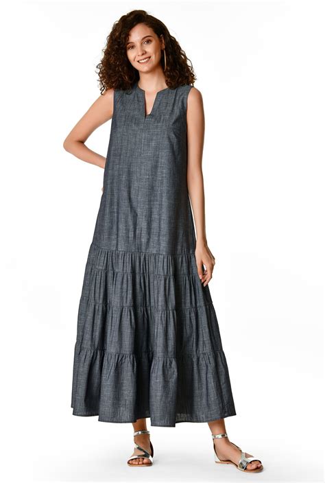 Shop Ruched tier cotton chambray maxi dress | eShakti