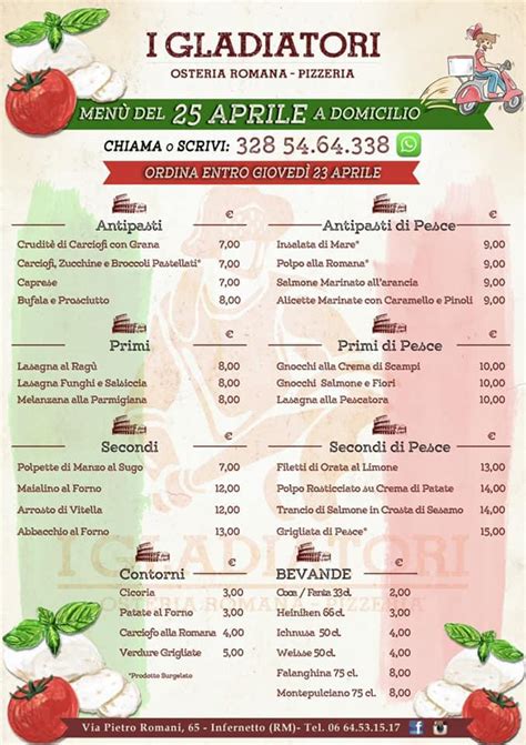 Menu at I Gladiatori osteria pizzeria romana, Rome