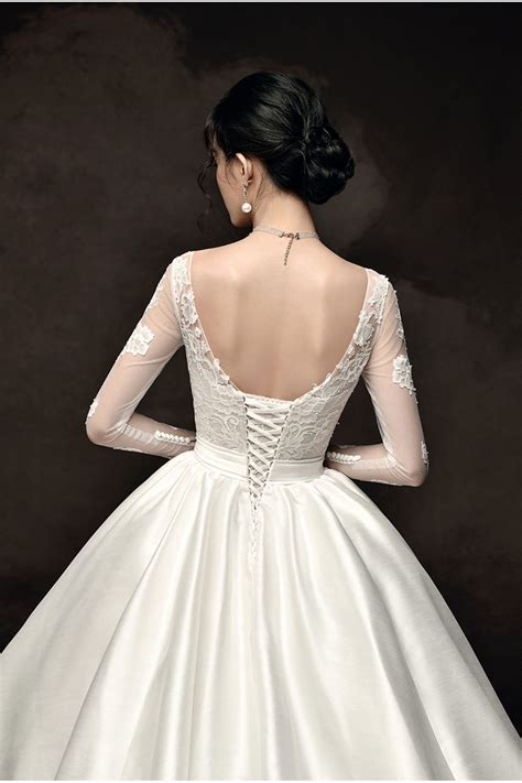 Long Sleeve Corset Back Lace Bodice Satin Skirt Ball Gown Wedding Dress ...