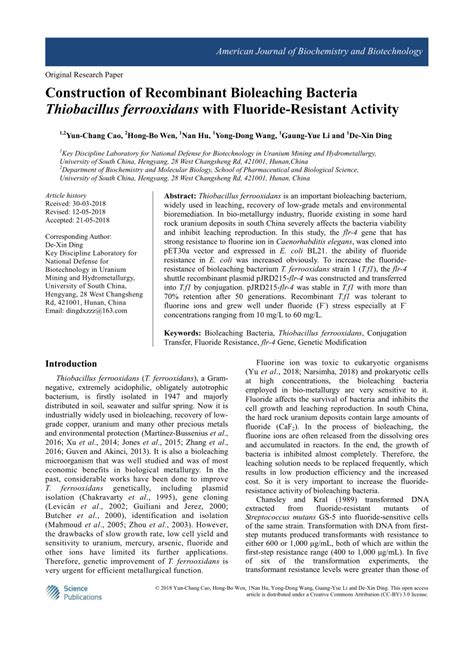 (PDF) Construction of Recombinant Bioleaching Bacteria Thiobacillus ferrooxidans with Fluoride ...