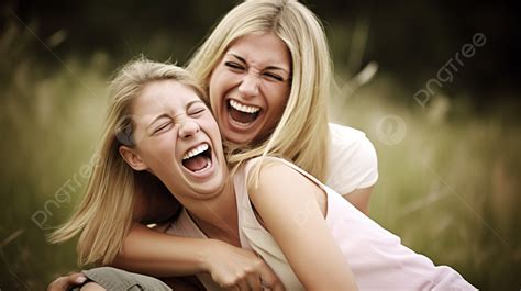 Two Women Laughing And Laughing Together In The Middle Of The Grass Background, Pictures Of ...