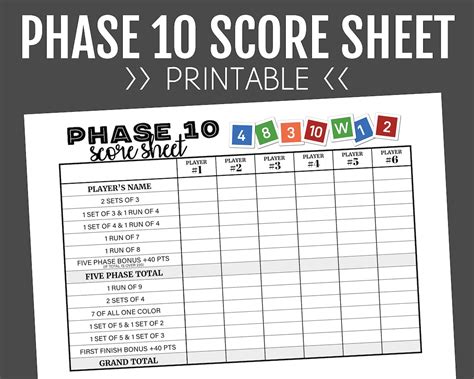 Phase 10 Score Sheet, Printable Score Sheet, Digital, Instant Download, Phase 10, Printable File ...