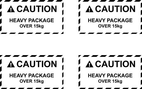 four black and white hazard labels with the words caution, heavy package, heavy package over 15 kg