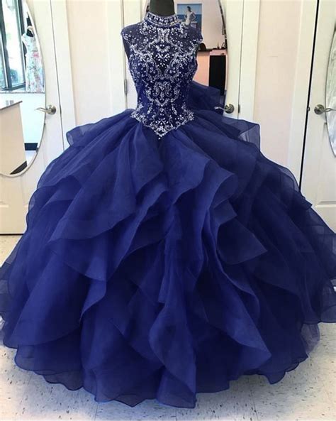 Fantastic High Neck Navy Blue Bodice Corset Ball Gown Sweet 16 Quincea ...