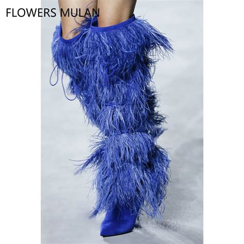 Fur Feather Cover suede Knee high boots women Pointy Tassel High heel ...