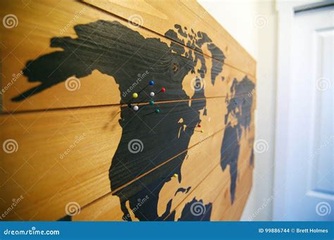 Wood wall map with pins stock photo. Image of business - 99886744