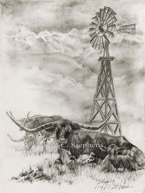 Texas Sky, original of windmill and Longhorns by Virgil Stephens ...