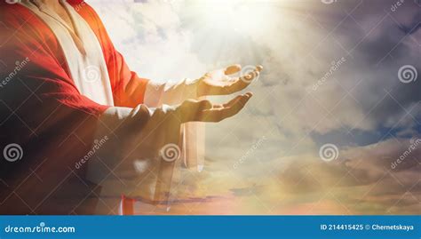 Jesus Christ Reaching Out His Hands and Praying at Sunset, Banner ...