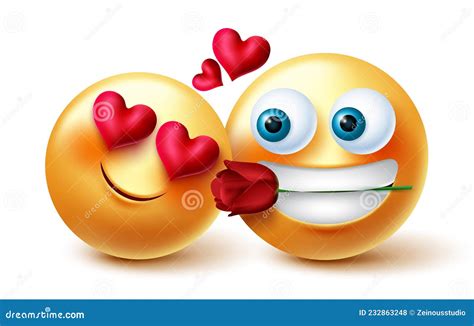 Emoji Couple Valentine Vector Concept Design. 3d Inlove Smiley Emojis Character With Flower ...