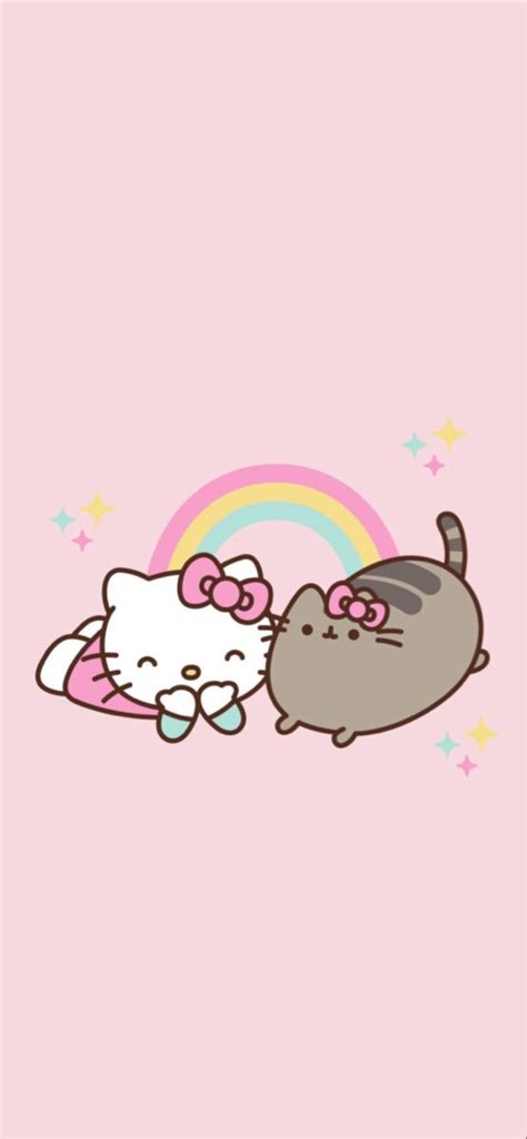 two cats laying next to each other on top of a pink wall with a rainbow in the background