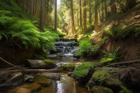 Forest Oasis, with Babbling Brook and Waterfall, Surrounded by Towering Trees Stock Illustration ...