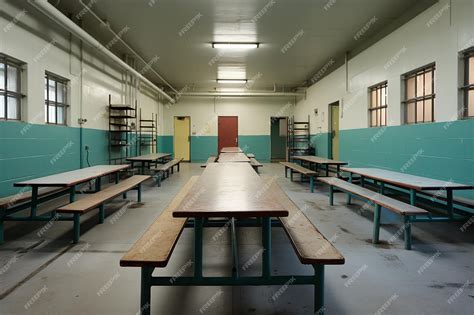 Premium Photo | Empty Echoes Prison Cafeteria with Rows of Vacant Benches