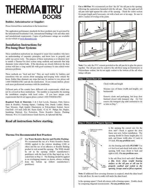 THERMA-TRU PRE-HUNG DOOR SYSTEMS INSTALLATION INSTRUCTIONS MANUAL Pdf Download | ManualsLib