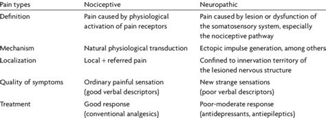 Differences between nociceptive and neuropathic pain (modified from ...