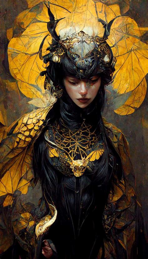 a woman with horns and wings on her head is wearing a black dress, gold accents