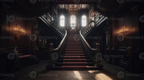 Dark gothic mansion hall in victorian style interior with staircase and ...