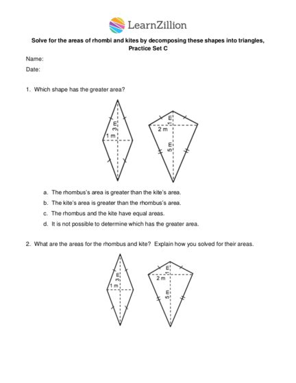 Area of a Rhombus Worksheet