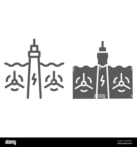 Tidal Power line and glyph icon, technology and alternative energy, hydroelectric sign, vector ...