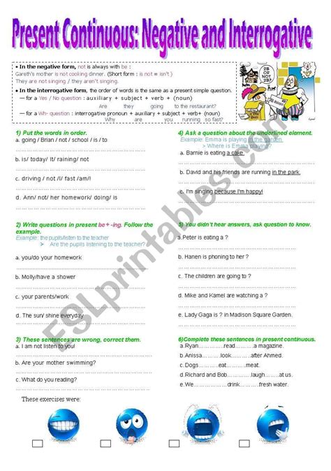 Present Continuous Negative Worksheet