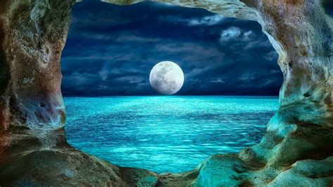 Download Ocean Cave Night Full Moon Nature Moon HD Wallpaper