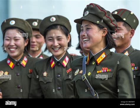 North Korean soldiers women smiling, Pyongan Province, Pyongyang, North ...