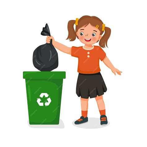 Premium Vector | Little girl taking out the trash in garbage bag into recycling bin as daily ...