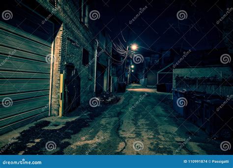 Dark Empty and Scary Urban City Street Alley at Night Stock Photo ...