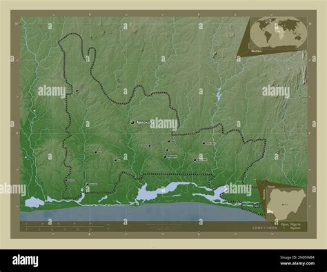 Ogun, state of Nigeria. Elevation map colored in wiki style with lakes ...