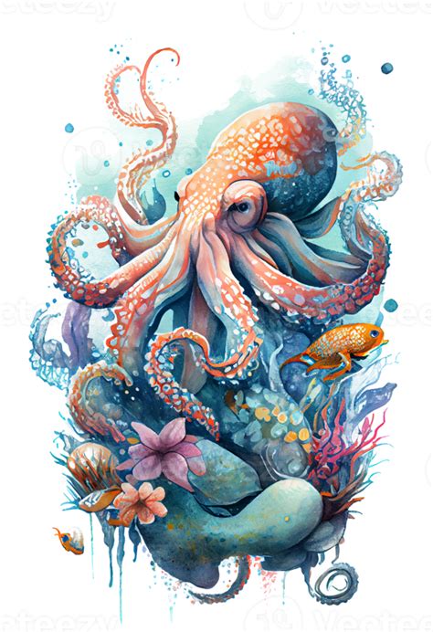 Watercolor of octopus, octopus swimming underwater in the ocean, 22246516 PNG