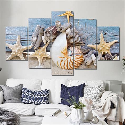 Drop-shipping Modern Blue Beach Seascapes Paintings Wall Art Home Decor Shell Canvas Pictures ...