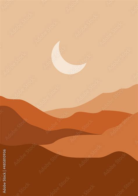 Abstract contemporary aesthetic background with desert, mountains, Sun ...