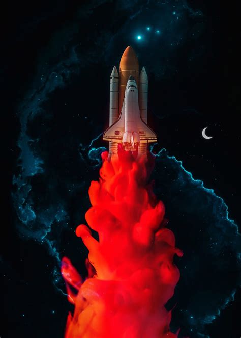 Wall Art Print Red Ink Rocket Takeoff in blue clouds | Gifts & Merchandise | Europosters