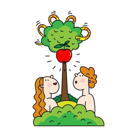 Colored vector illustration of Adam and Eve in the Garden of Eden by ...