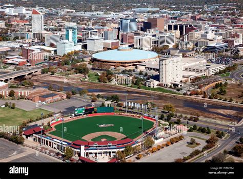 USA, Kansas, Wichita, Aerial of Lawrence-Dumont Stadium with Downtown ...