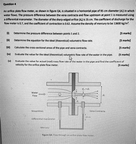 An orifice plate flow meter, as shown in figure Q4, is situated in a horizontal pipe of 95 cm ...