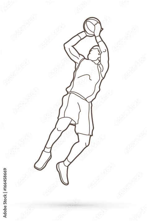 Basketball player jumping and prepare shooting a ball outline stroke ...