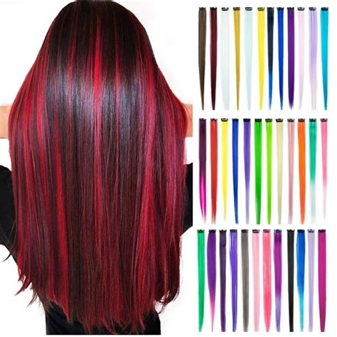 Colored Clip in Hair Extensions, Colorful Straight Long Hair Extensions Party Highlights Clip in ...