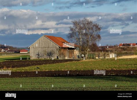 German countryside with open grassland and an old wooden barn Stock ...