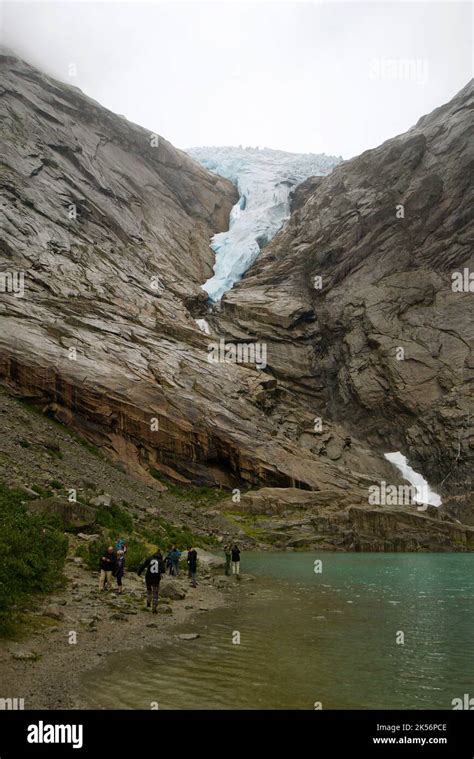 Tourists at Briksdal Glacier and Briksdalsbrevatnet- Jostedalsbreen / Jostedal Glacier National ...