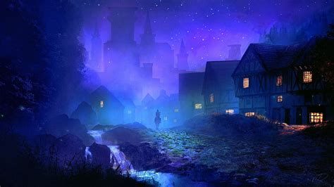 Fantasy Medieval Town Night Illustration HD wallpaper | Pxfuel