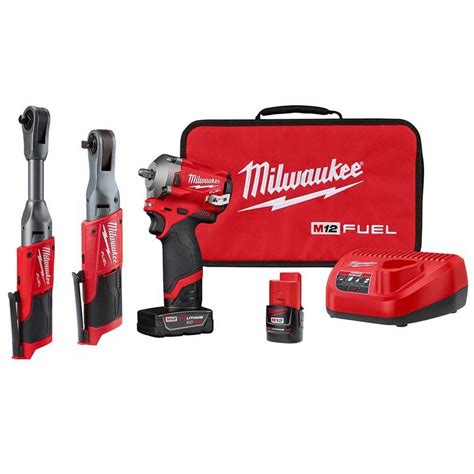 Milwaukee M12 FUEL 12V Lithium-Ion Brushless Cordless 3/8 in. Impact Wrench & Ratchet Combo Kit ...