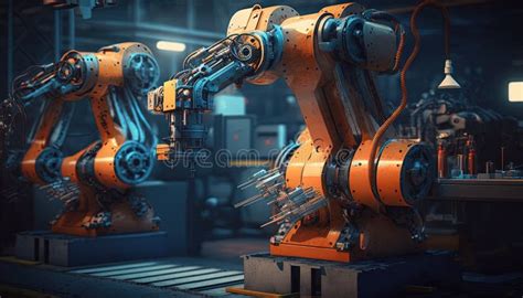 Industrial Robots in a Futuristic Factory. Assembly Line. Generative Ai ...