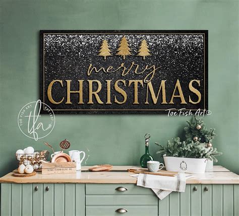 Merry Christmas Sign Antique Black Vintage Golden Colors Art Deco Modern Style - ToeFishArt