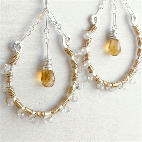 Wire Wrapped Hoop Earrings In Sterling Silver And Gold Filled With Citrine And Aquamarine ...