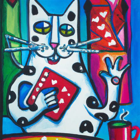 A cat playing cards, Memphis art style, oil painting... | OpenArt