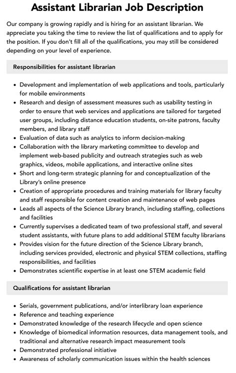 Assistant Librarian Job Description | Velvet Jobs