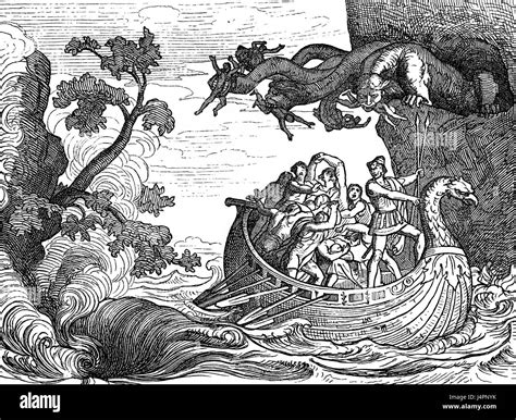 The six-headed monster Scylla and the whirlpool Charybdis, Homer's Stock Photo, Royalty Free ...