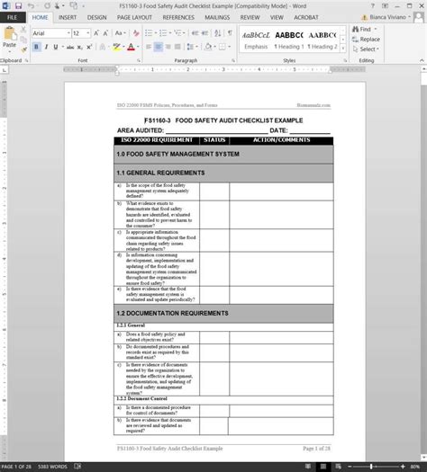 FSMS Food Safety Audit Checklist Template